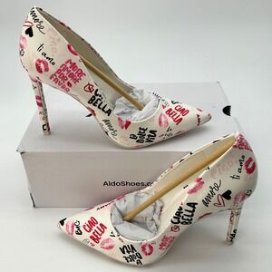 ALDO Stessy 2.0 Pump Stiletto Heels Size 9 White Red Black Lips Print Motif NEW